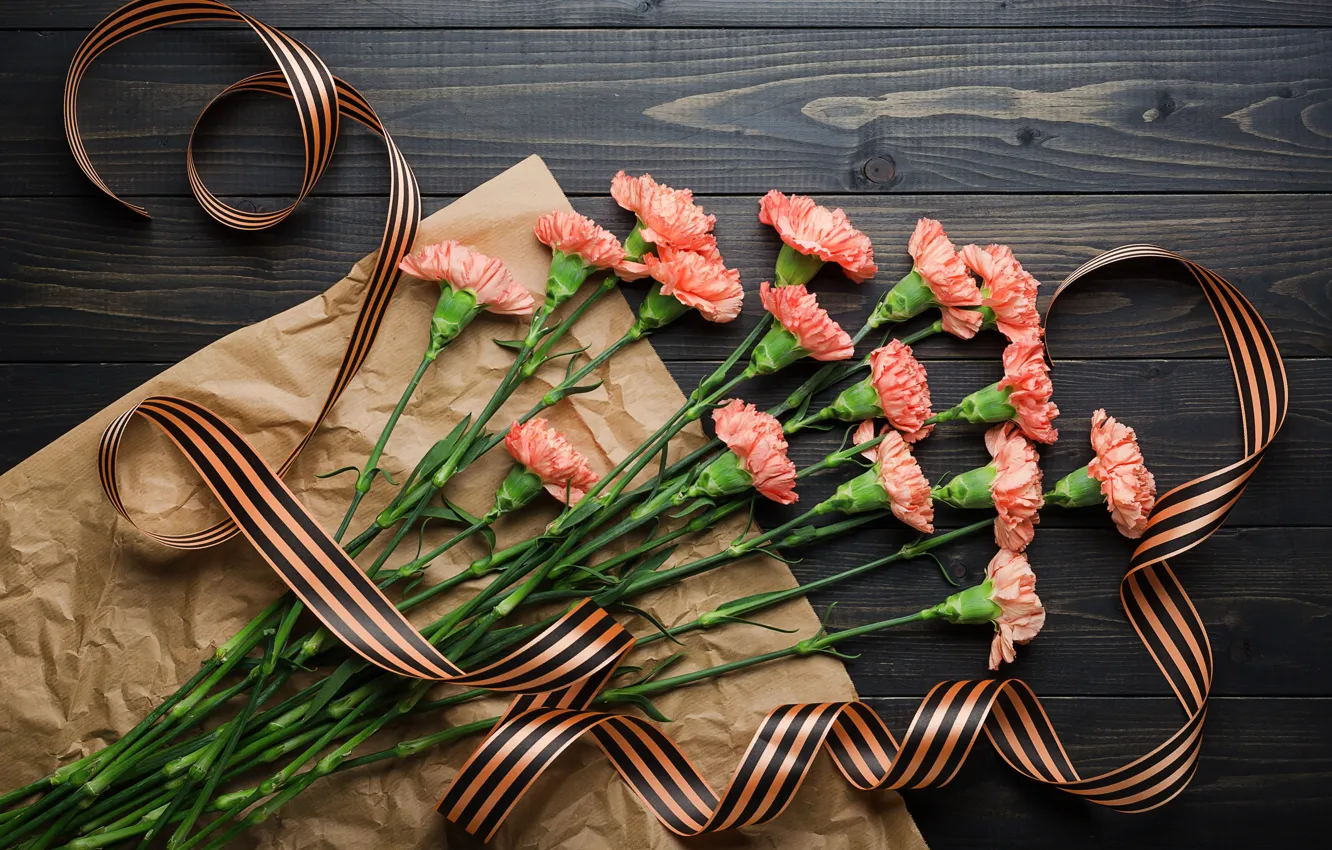 Фото обои цветы, букет, георгиевская лента, 9 мая, flowers, гвоздики, Victory Day, День Победы