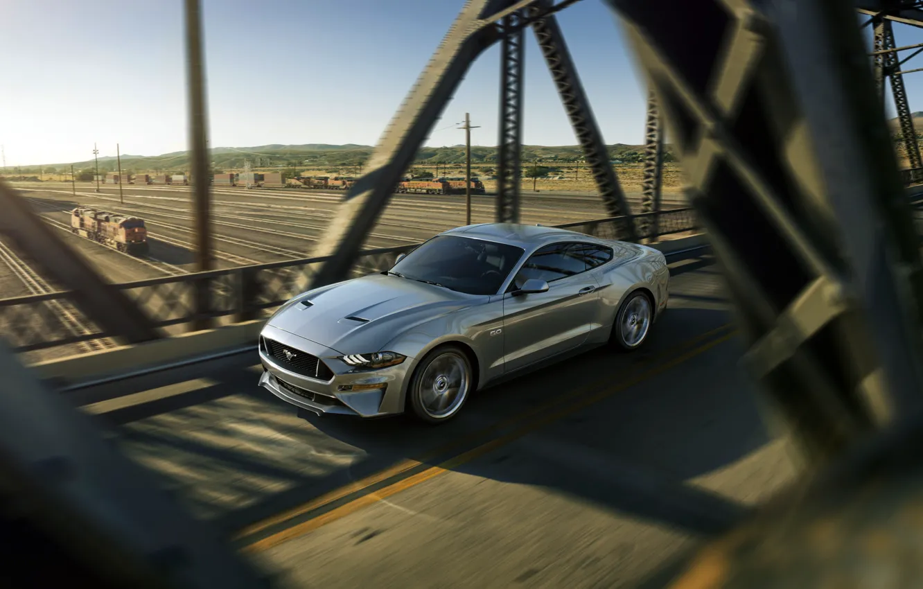Фото обои закат, мост, Mustang, Ford, мустанг, форд