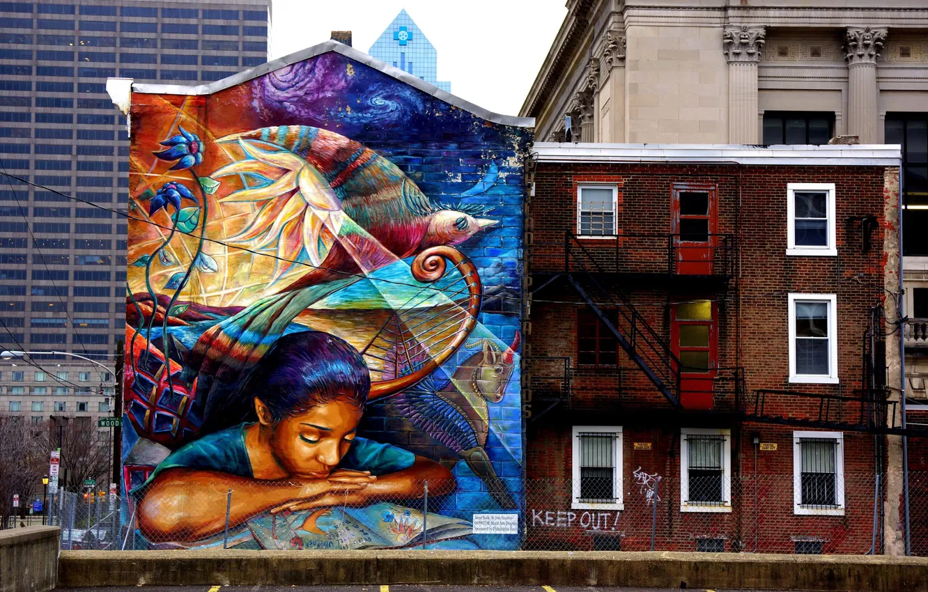 Фото обои city, город, здания, buildings, street art, стрит-арт, уличное искусство, граффити на стене