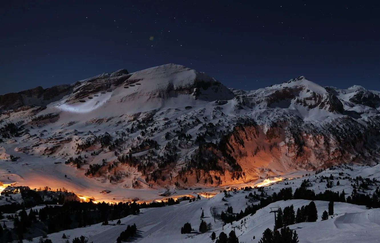 Фото обои снег, горы, ночь, горнолыжный курорт
