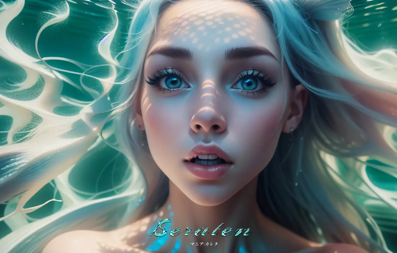 Фото обои girl, fantasy, blue eyes, digital art, artwork, mermaid, fantasy art, closeup