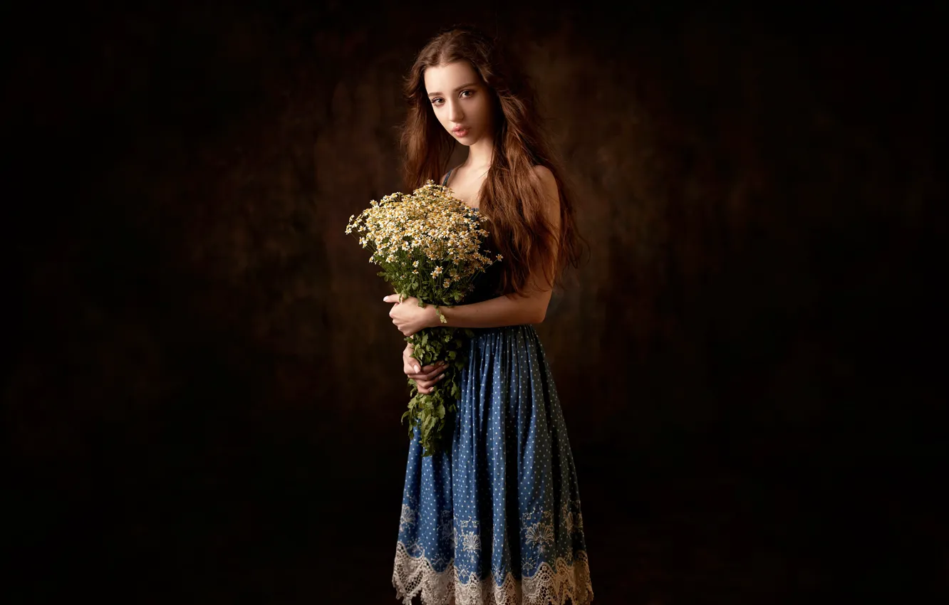Фото обои взгляд, девушка, цветы, фото, волосы, ромашки, красивая, Max Pyzhik