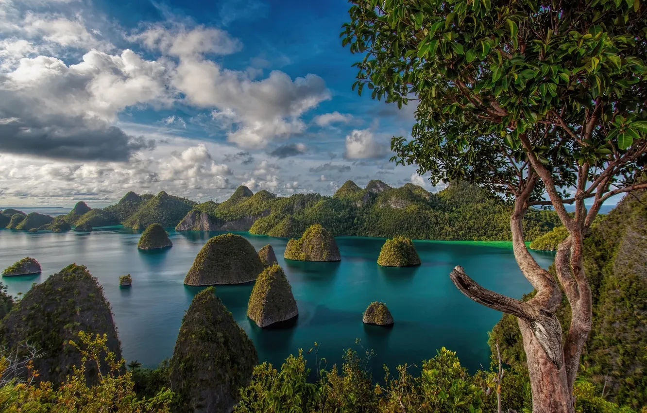 Фото обои green, sky, sea, clouds, islands, Indonesia, Raja Ampat