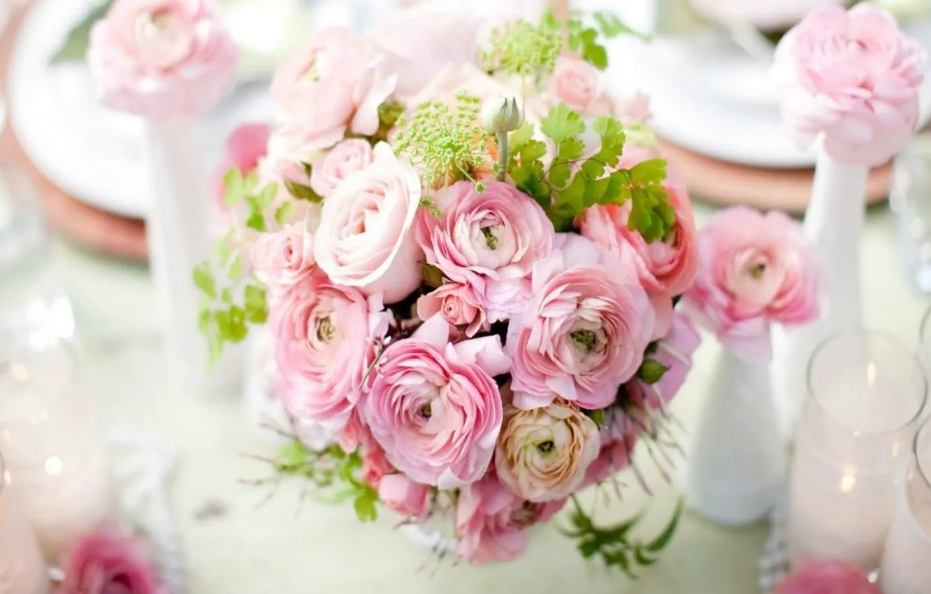 Фото обои цветы, романтика, нежность, букет, свечи, композиция, сервировка, Ранункулюс