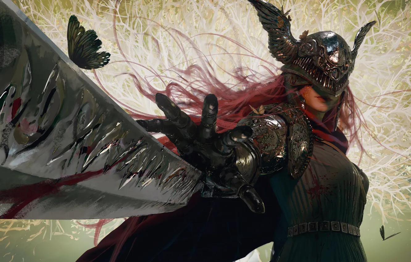 Фото обои girl, sword, fantasy, armor, butterfly, redhead, artwork, warrior