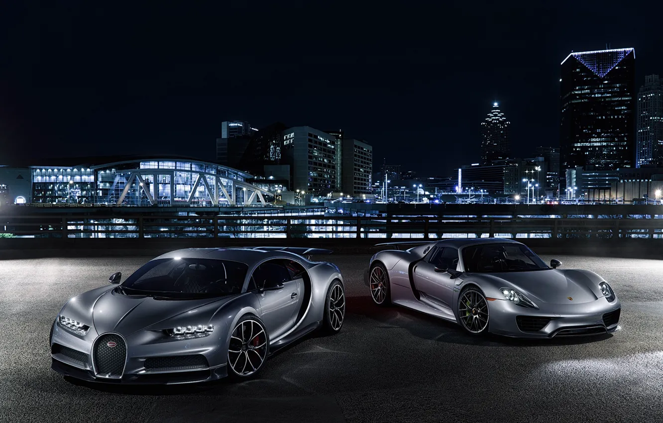 Фото обои Porsche, Bugatti, City, Spyder, 918, Lights, Silver, VAG