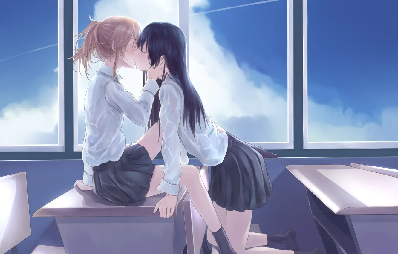 Фото обои девушки, поцелуй, класс, школа, Citrus