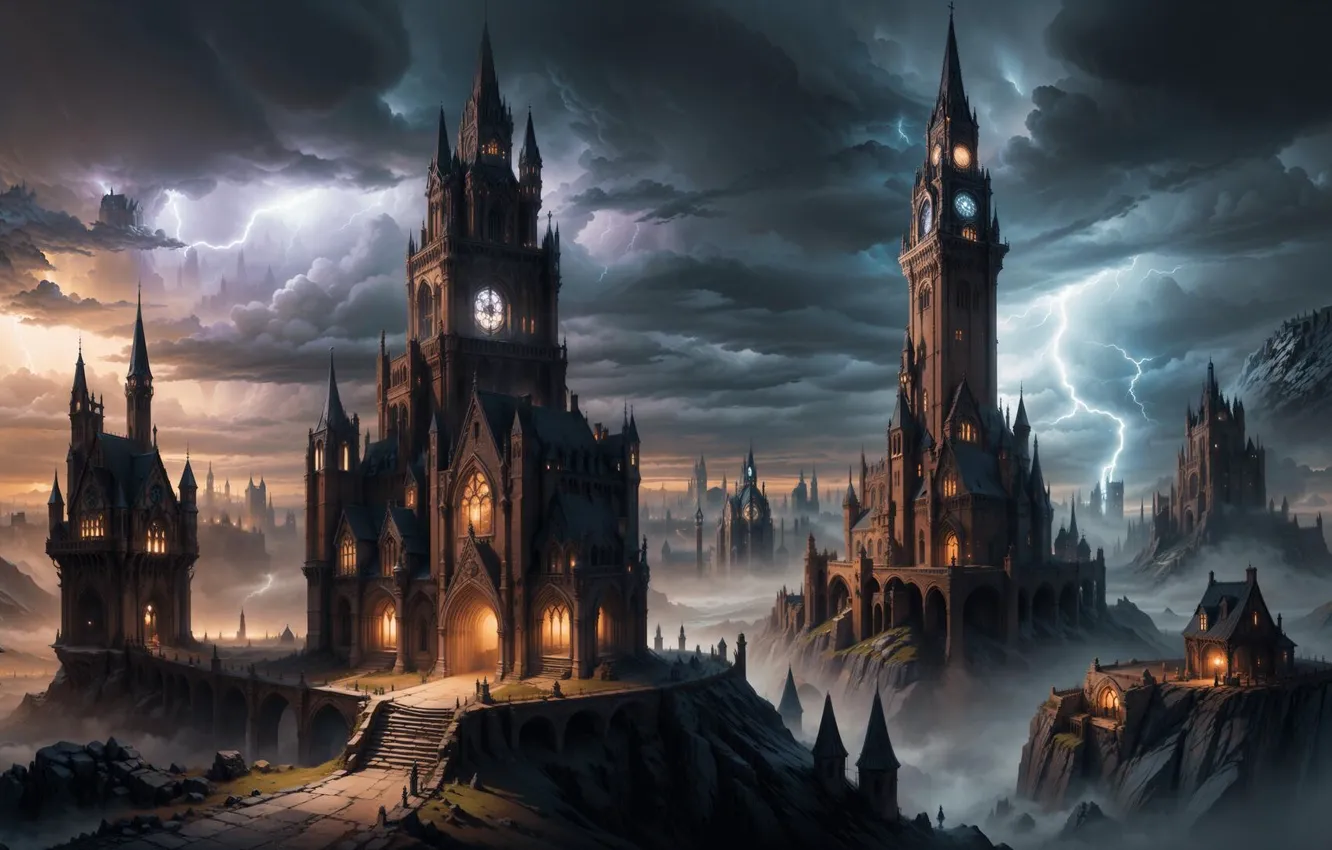 Фото обои city, widescreen, fantasy, sky, lightning, gothic, neural network