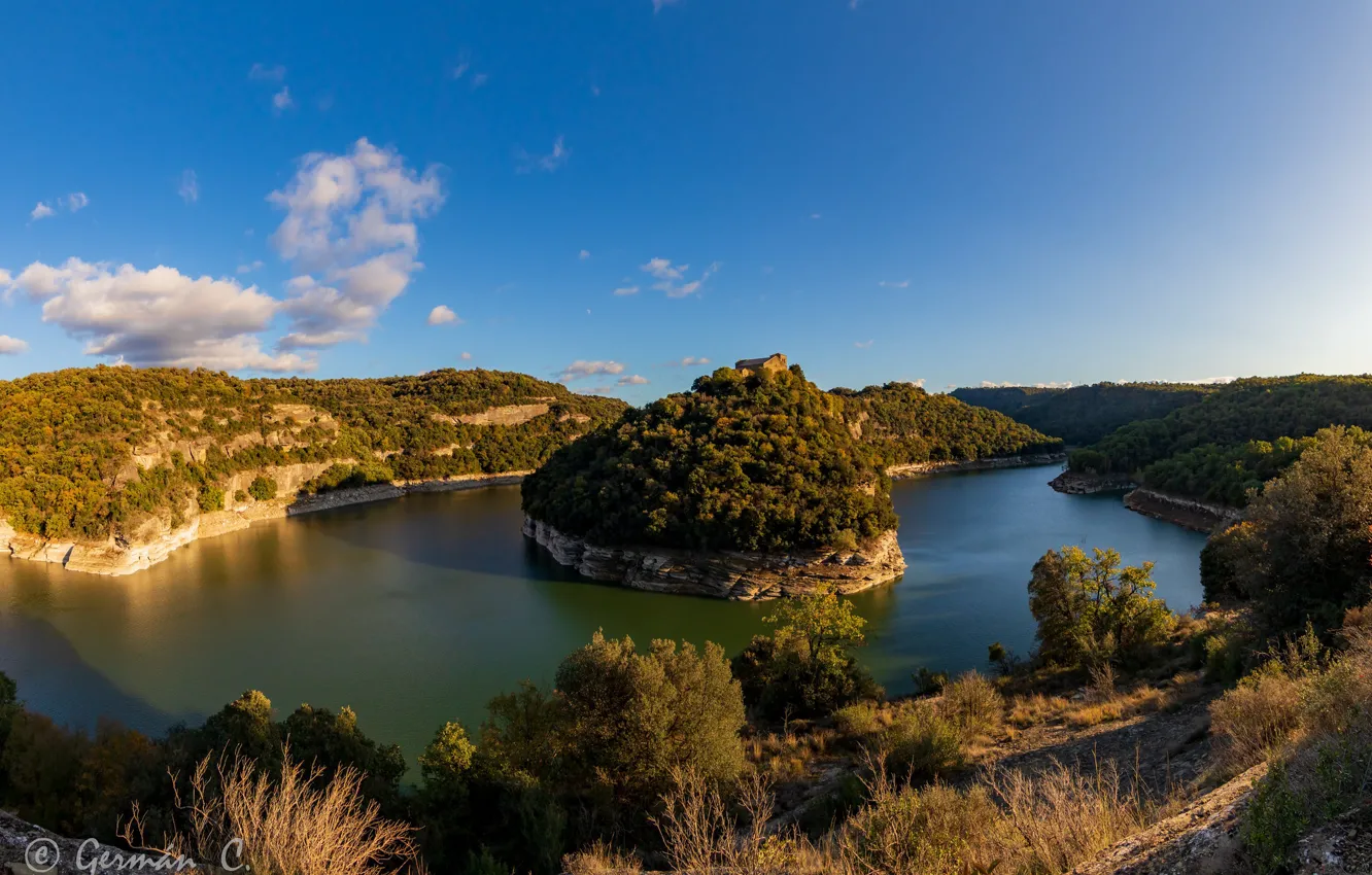 Фото обои небо, деревья, природа, река, скалы, Испания, Segovia