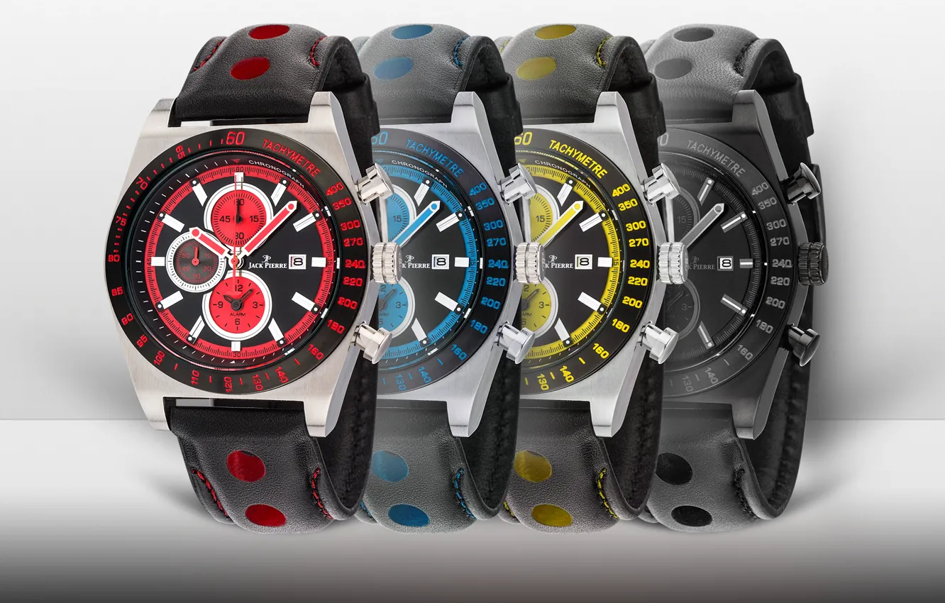 Фото обои red, black, yellow, blue, watch, Jack Pierre