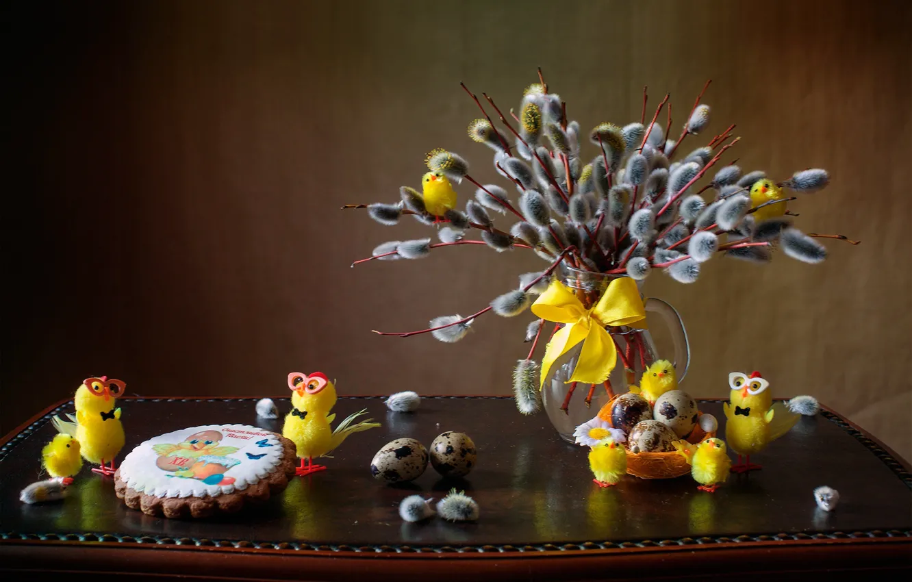 Фото обои ветки, праздник, игрушки, цыплята, яйца, Пасха, гнездо, кувшин
