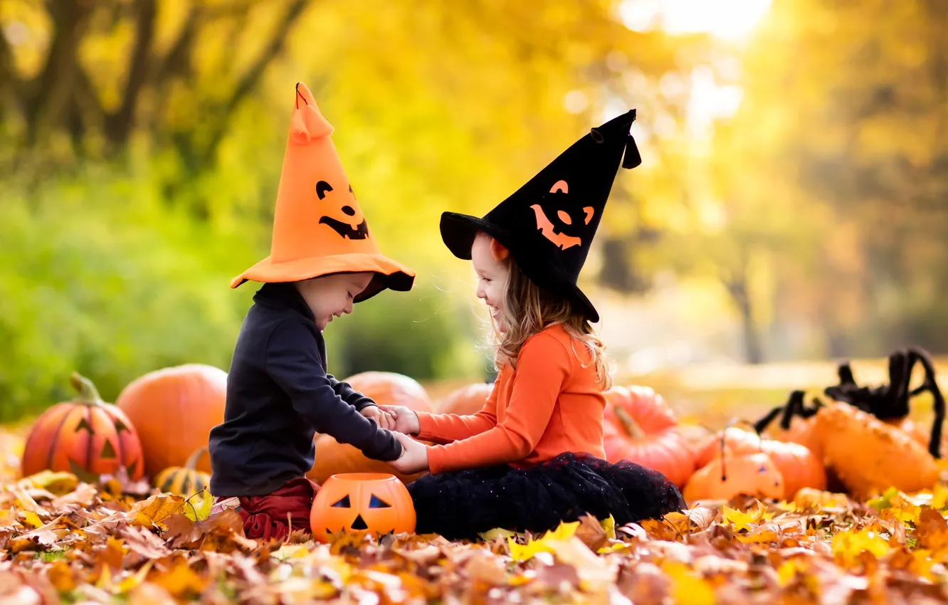 Фото обои осень, листья, радость, дети, девочки, Halloween, тыква, girl