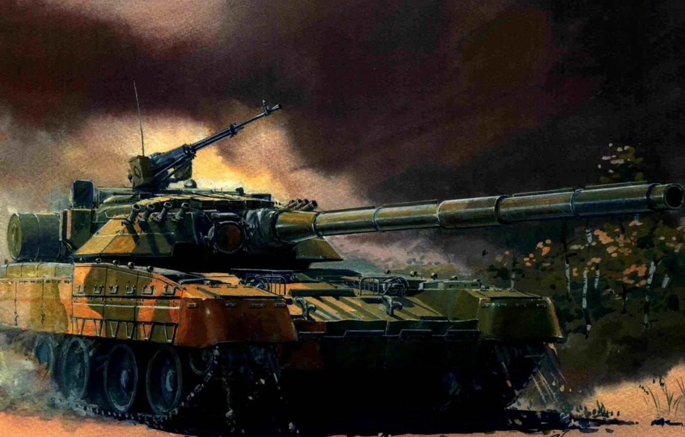 Фото обои дым, рисунок, танк, пулемет, броня, роща, panzer