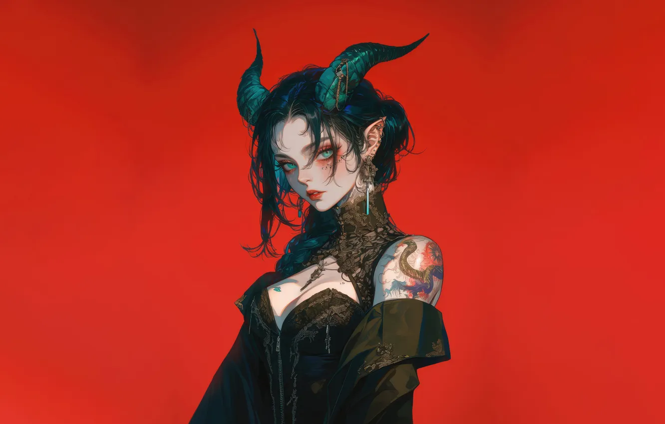 Фото обои Girl, Beautiful, Devil, Anime, Tattoo, Demon, Horn, Red Background
