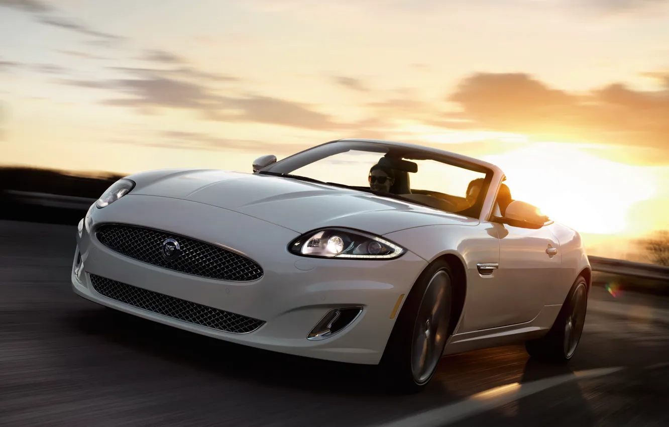 Фото обои Jaguar, Дорога, Белый, Машина, Кабриолет, Ягуар, Движение, Машины