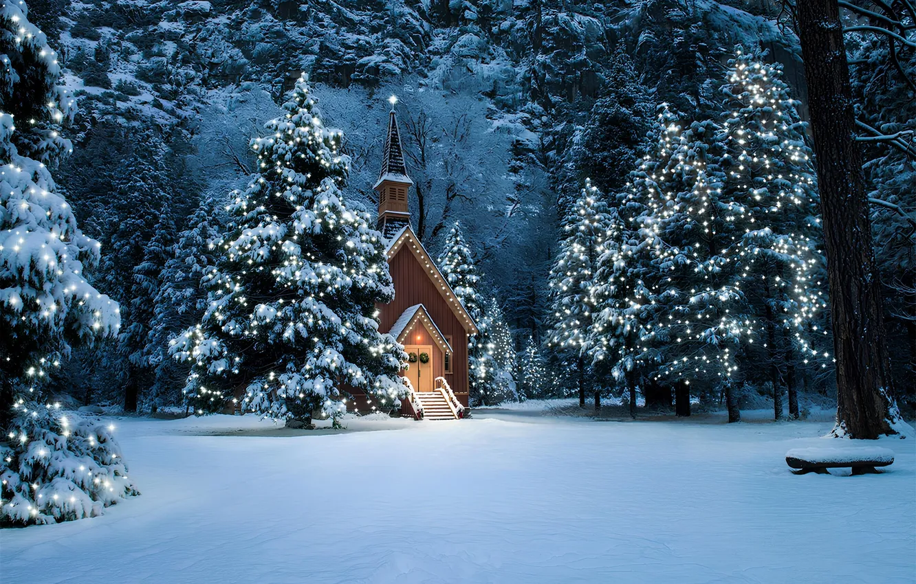 Фото обои Вечер, Снег, Часовня, Snow, Evening, Зимний Лес, Chapel, Winter Forest