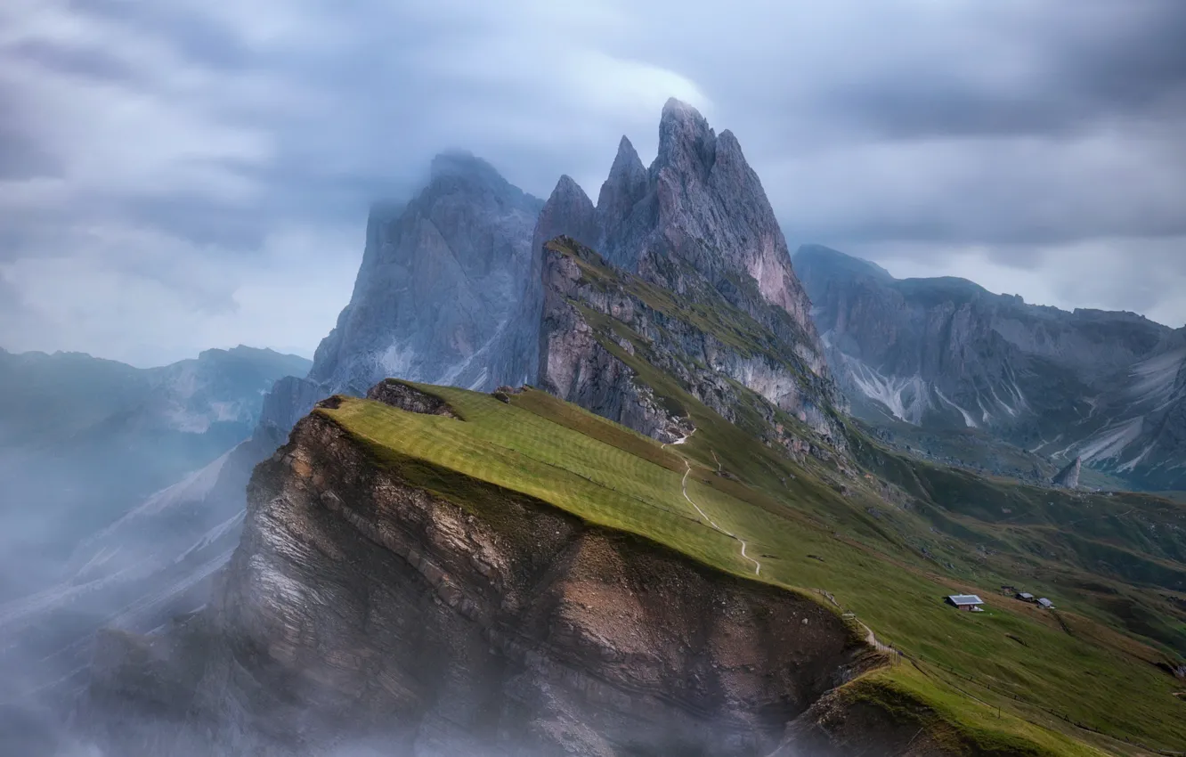 Фото обои горы, туман, скалы, склон, Альпы