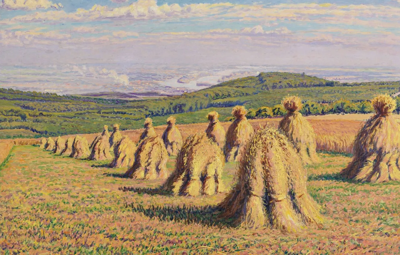 Фото обои поле, пейзаж, картина, сено, Gustave Cariot, Стога, Гюстав Карио