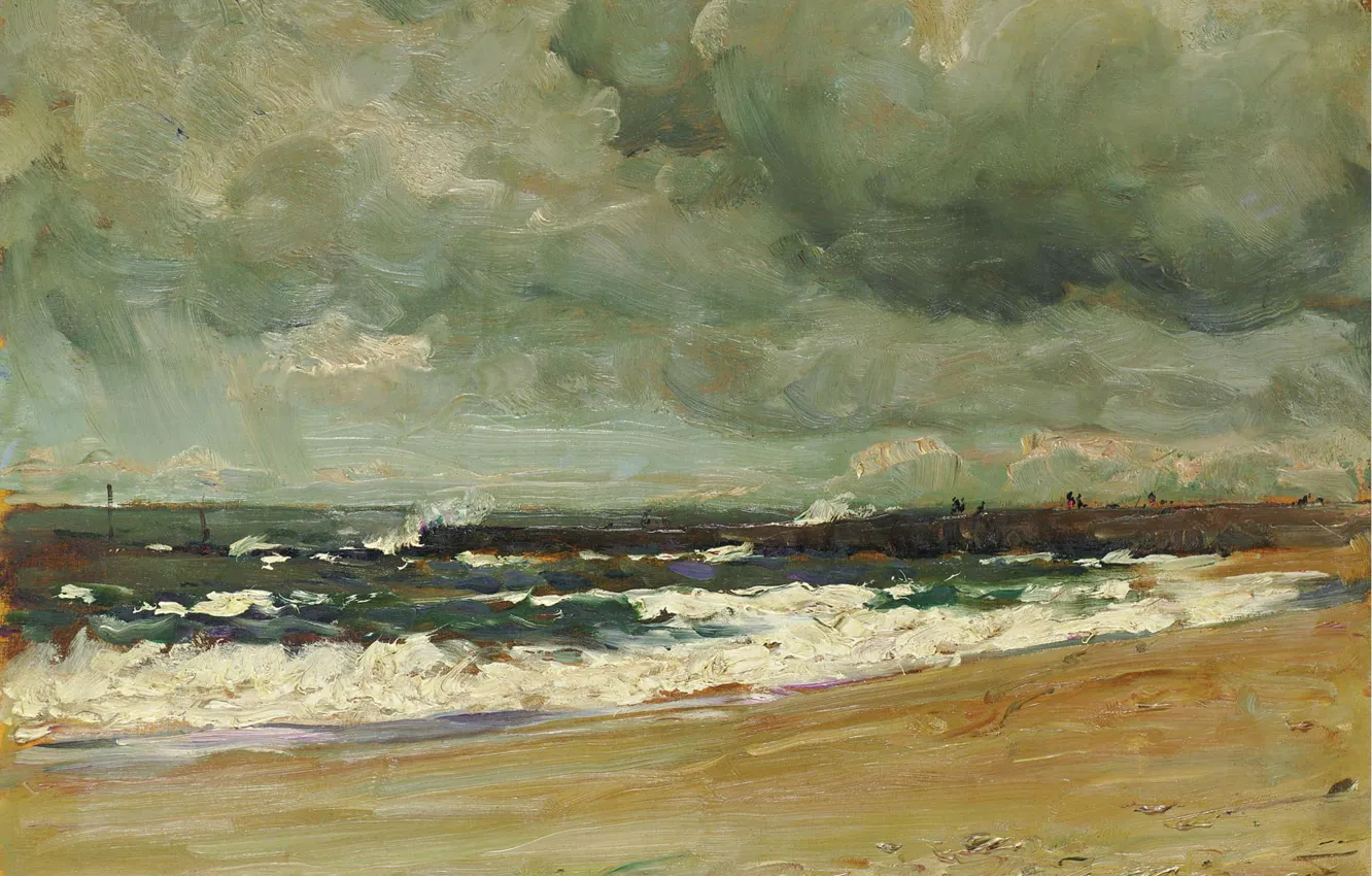 Фото обои море, картина, Жан-Батист Олив, Грозовые облака над причалом, Jean Baptiste Olive