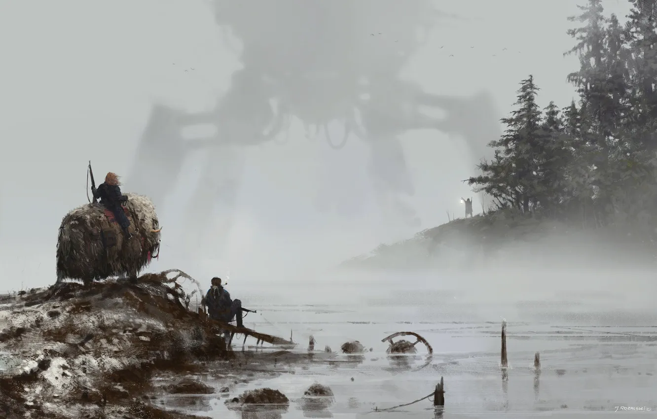 Фото обои gun, game, weapon, machine, lake, fog, man, Scythe