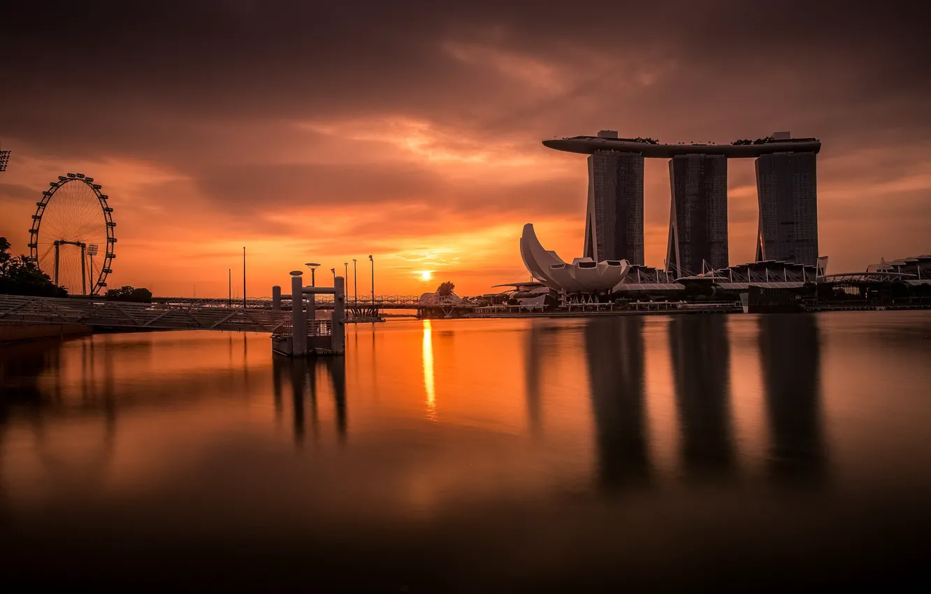 Фото обои пейзаж, Море, Ночь, Город, Небоскребы, Сингапур