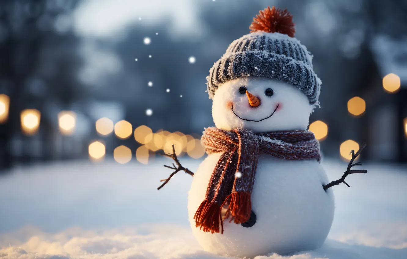 Фото обои зима, снег, украшения, Рождество, Новый год, снеговик, happy, Christmas