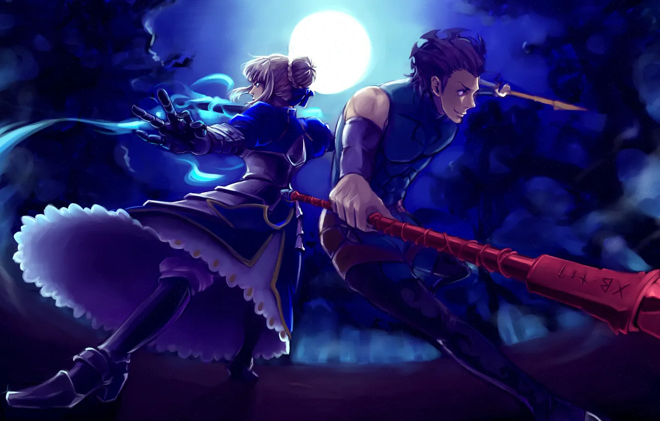 Фото обои девушка, ночь, оружие, луна, меч, аниме, арт, броня