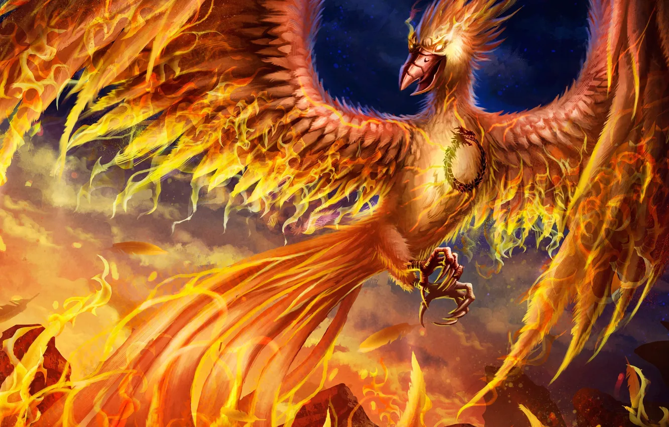 Фото обои фантастика, огонь, птица, крылья, клюв, арт, phoenix, феникc