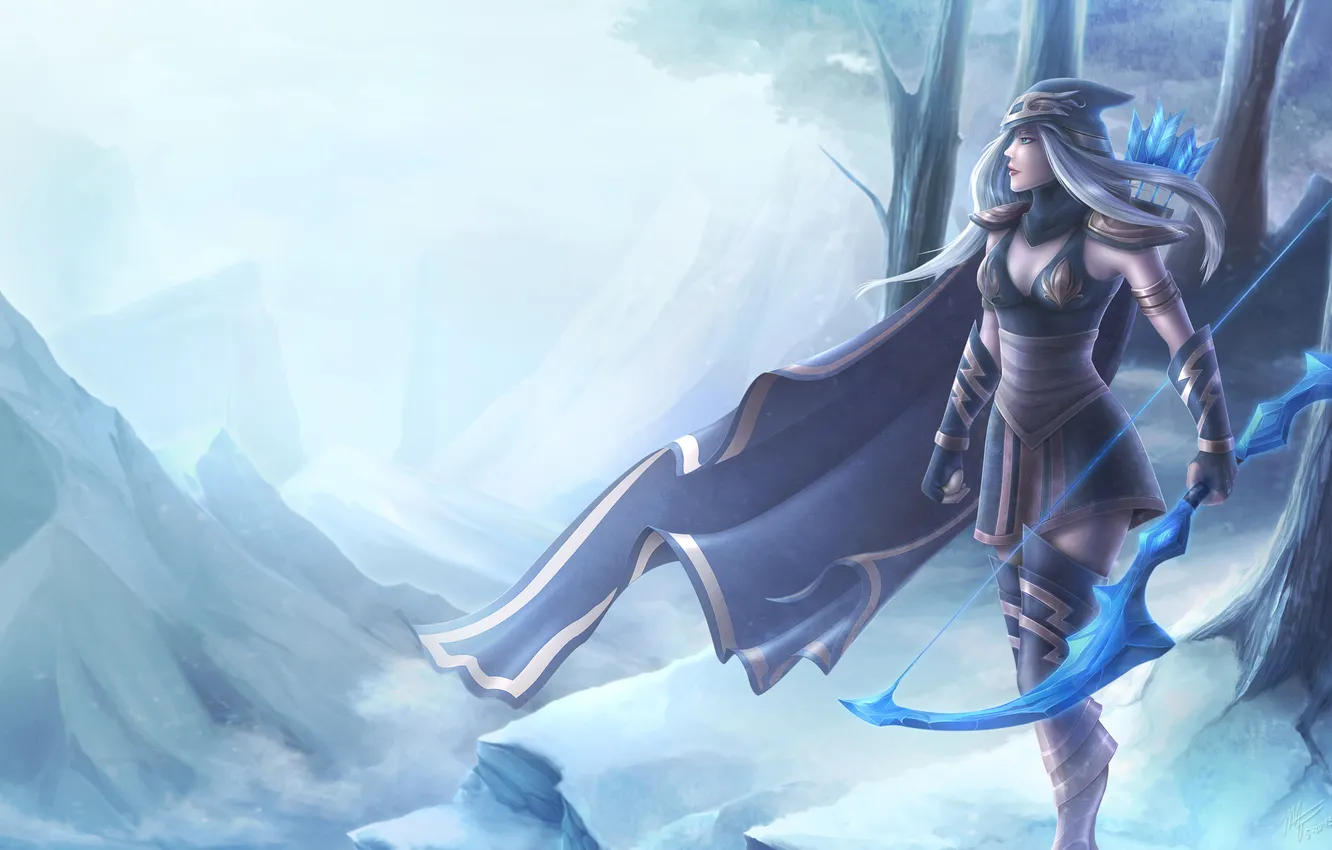 Фото обои лед, зима, девушка, улыбка, оружие, ветер, лук, стрелы