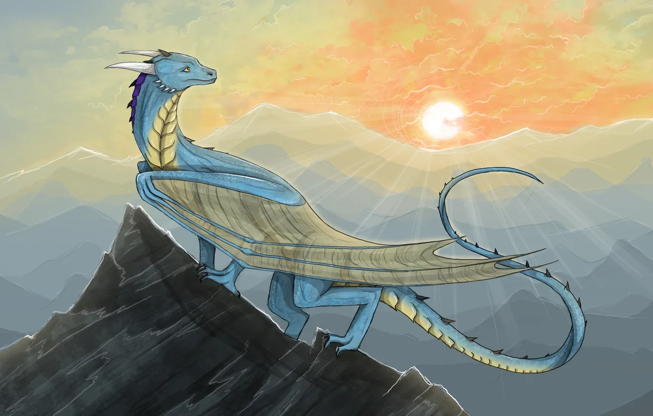 Фото обои солнце, лучи, скала, фантастика, дракон, крылья, арт, хвост
