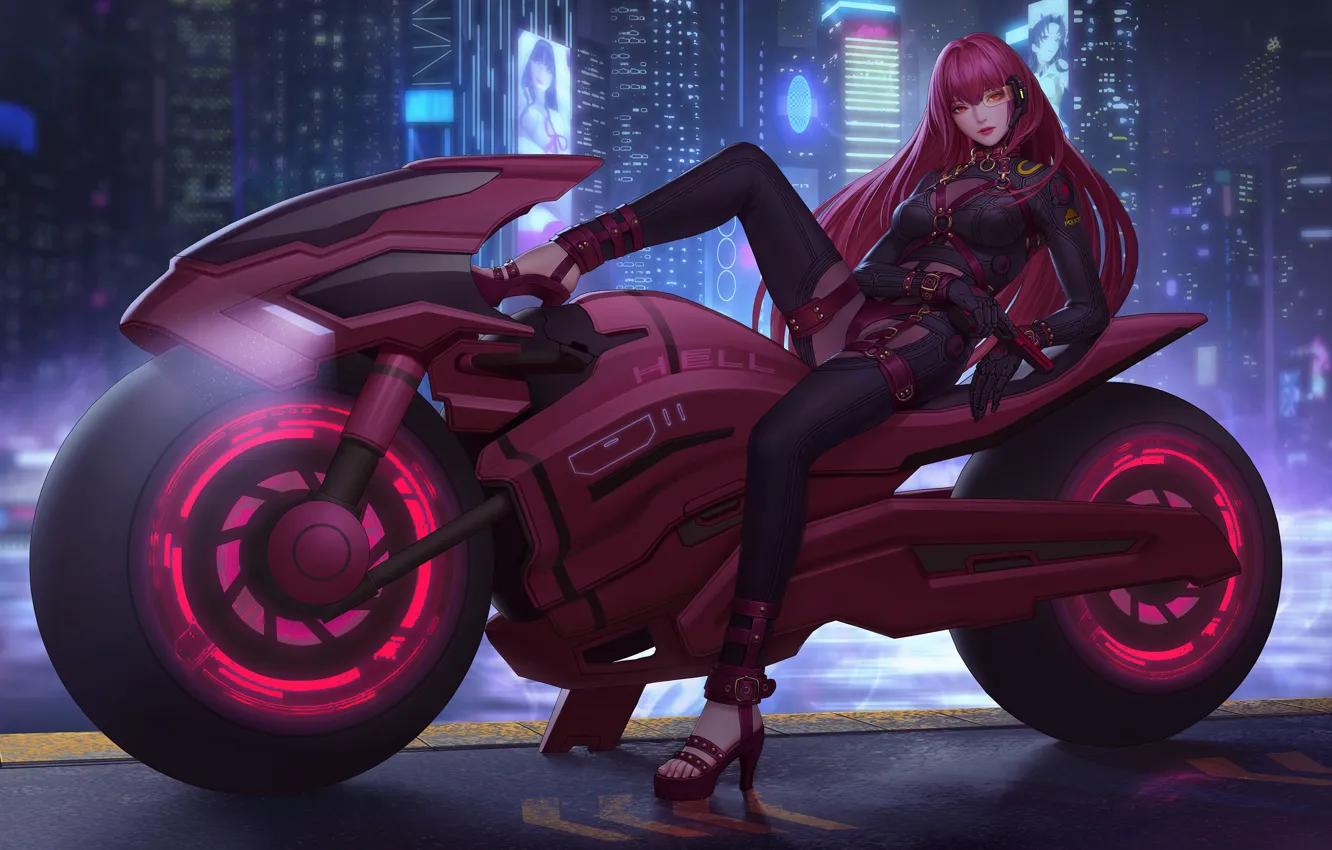 Фото обои gun, anime girl, fate grand order, city cyberpunk 2077, motorcycle night, tech girl weapon