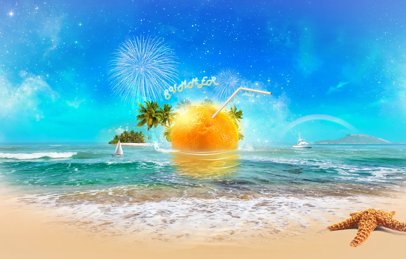 Фото обои море, пляж, солнце, апельсин, digital, sea, art, orange