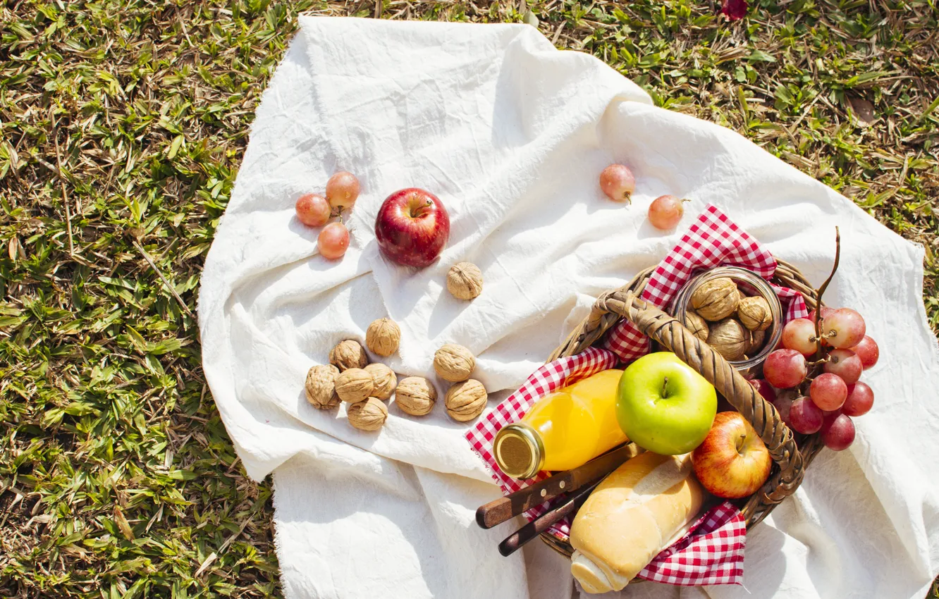 Фото обои трава, корзина, яблоки, сок, хлеб, виноград, фрукты, пикник