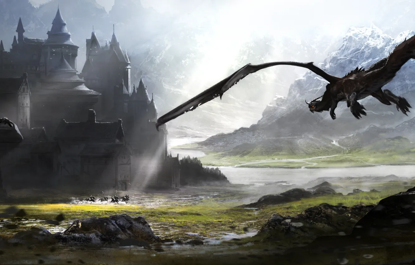 Фото обои Горы, Город, Дракон, Замок, Fantasy, Рыцарь, Concept Art, Environments