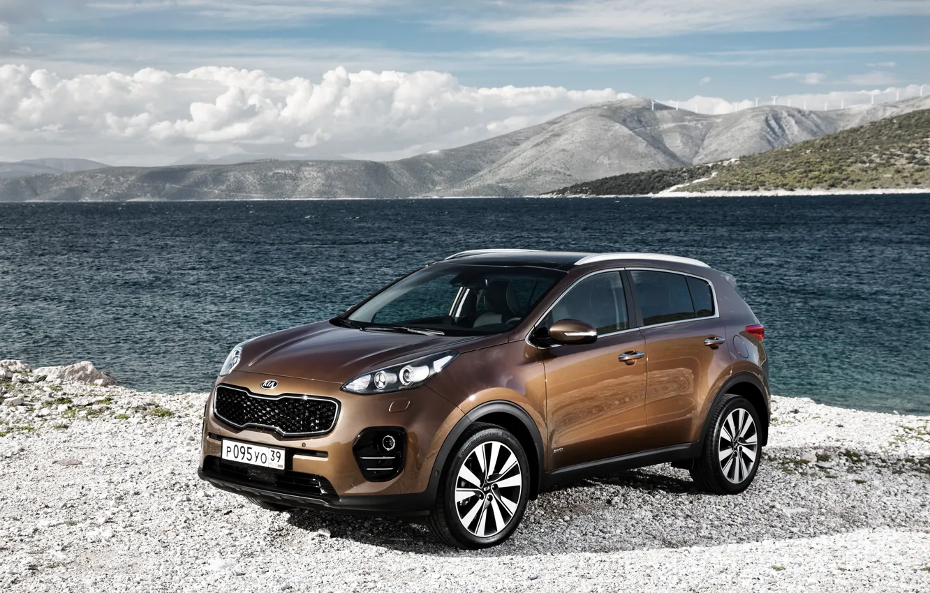 Фото обои горы, река, берег, Kia, киа, кроссовер, Sportage, спортаж