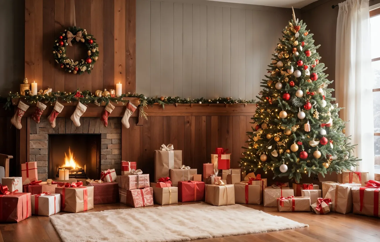 Фото обои комната, елка, интерьер, Рождество, Новый год, камин, Christmas, view