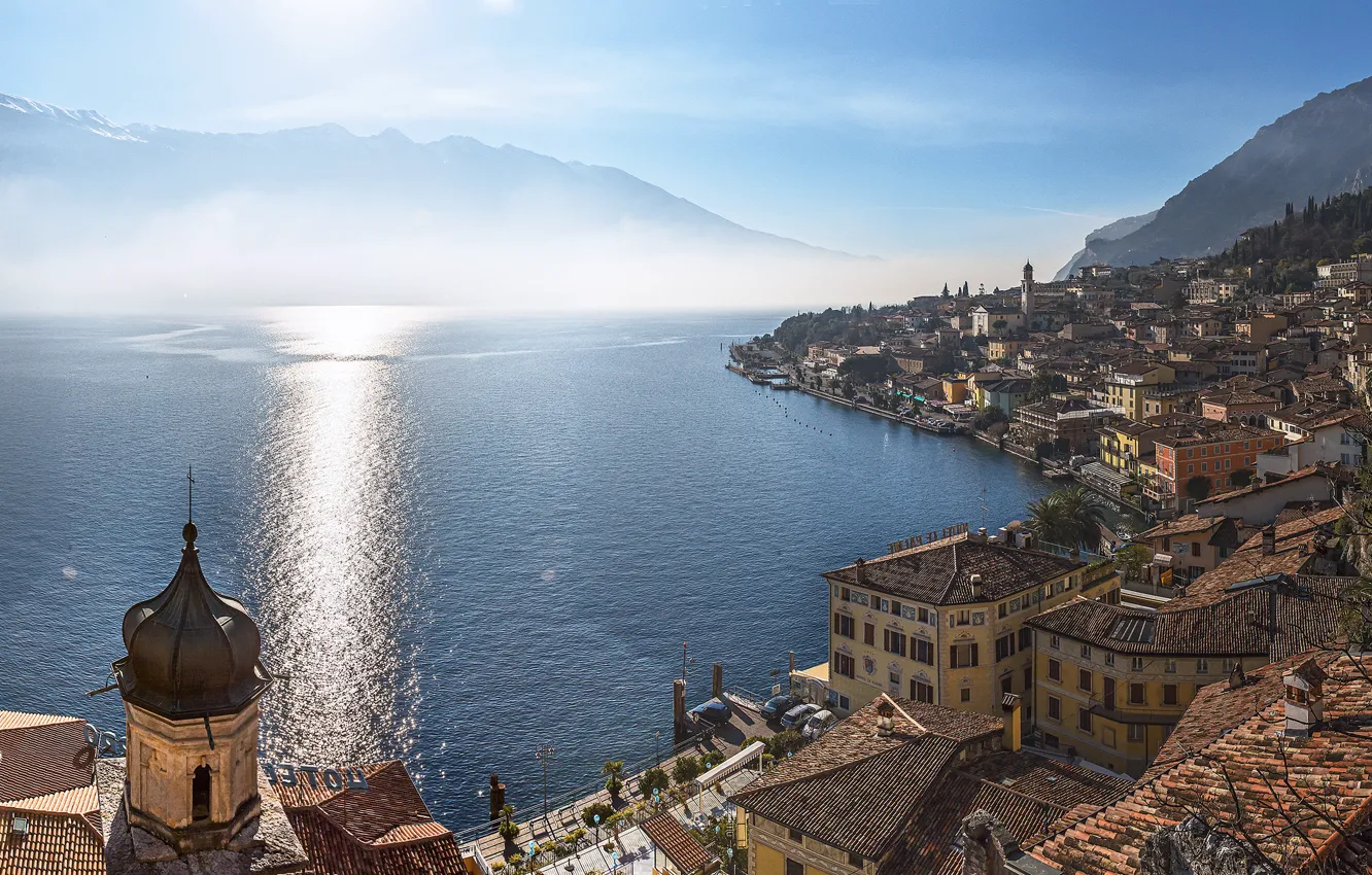 Фото обои горы, озеро, здания, дома, Италия, панорама, Italy, Ломбардия