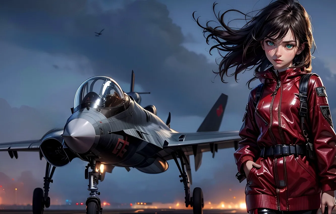 Фото обои lights, sky, girls, clouds, airplane, fantastic, hair, brunette