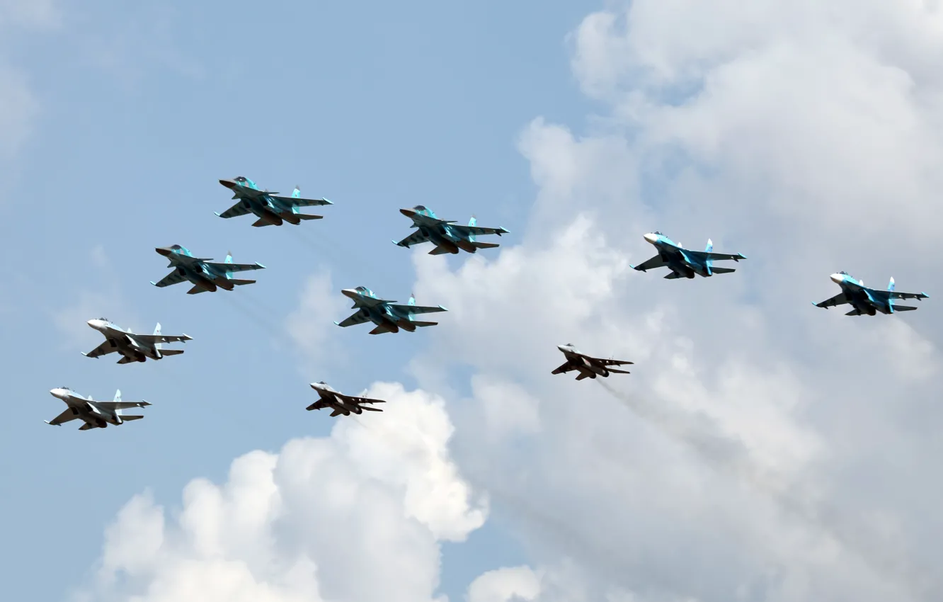 Фото обои самолеты, су-34, миг-29, су-27, ввс россии