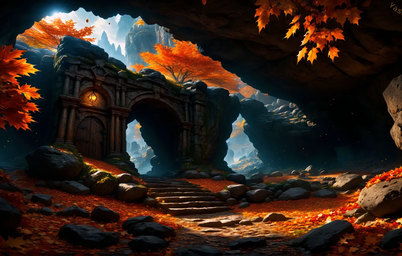 Фото обои art, autumn, ruins, arch