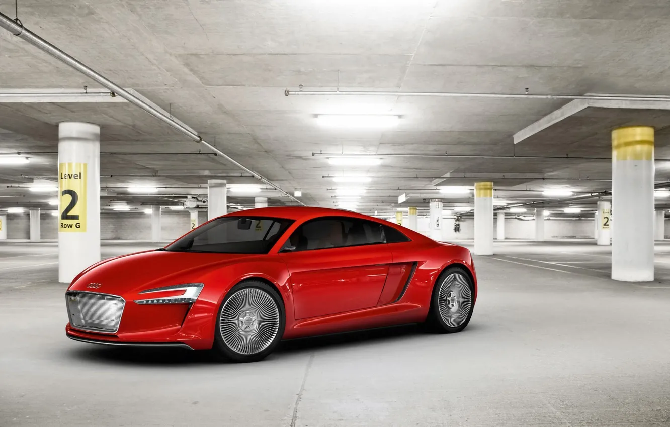 Фото обои красный, Audi, гараж, концепт-кар, Е-tron