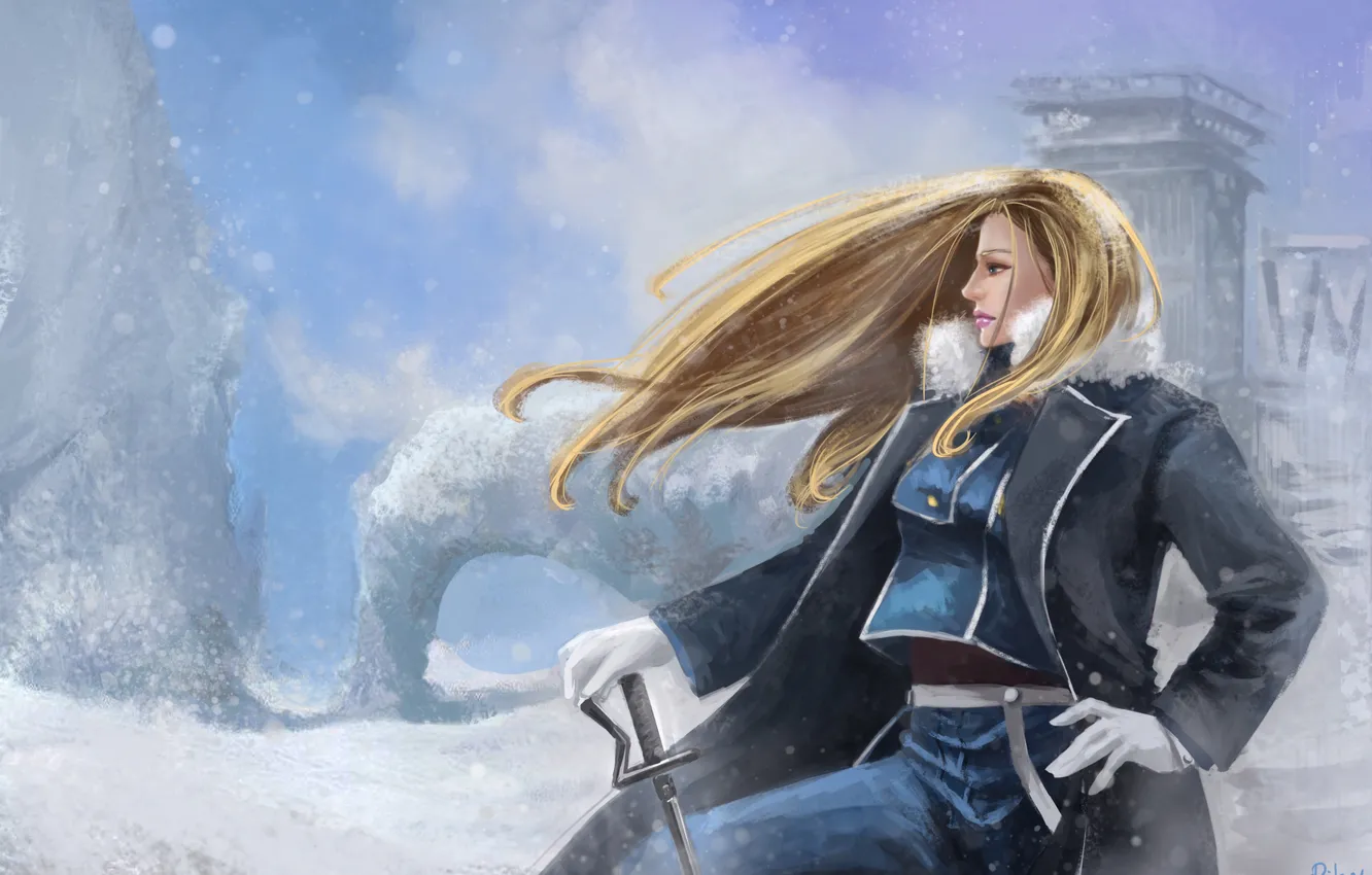 Фото обои девушка, снег, оружие, буря, форма, art, rikamello, fullmetal alchemist brotherhood