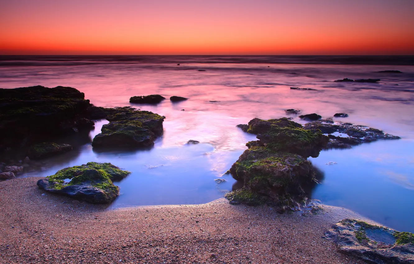 Фото обои море, вода, камни, океан, рассвет, берег, утро, горизонт