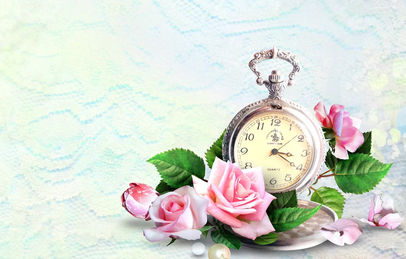 Фото обои цветы, фон, часы, розы