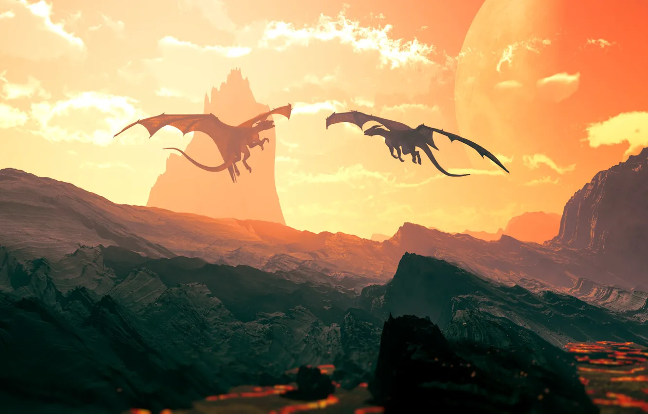 Фото обои драконы, долина, два, dragon stronghold