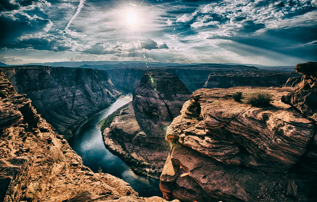 Фото обои солнце, река, Аризона, Horseshoe Bend, подкова