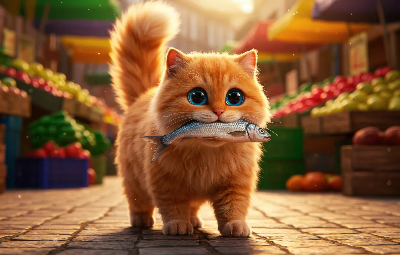 Фото обои рыба, арт, wallpaper, котёнок, kitten, рынок, art, fish