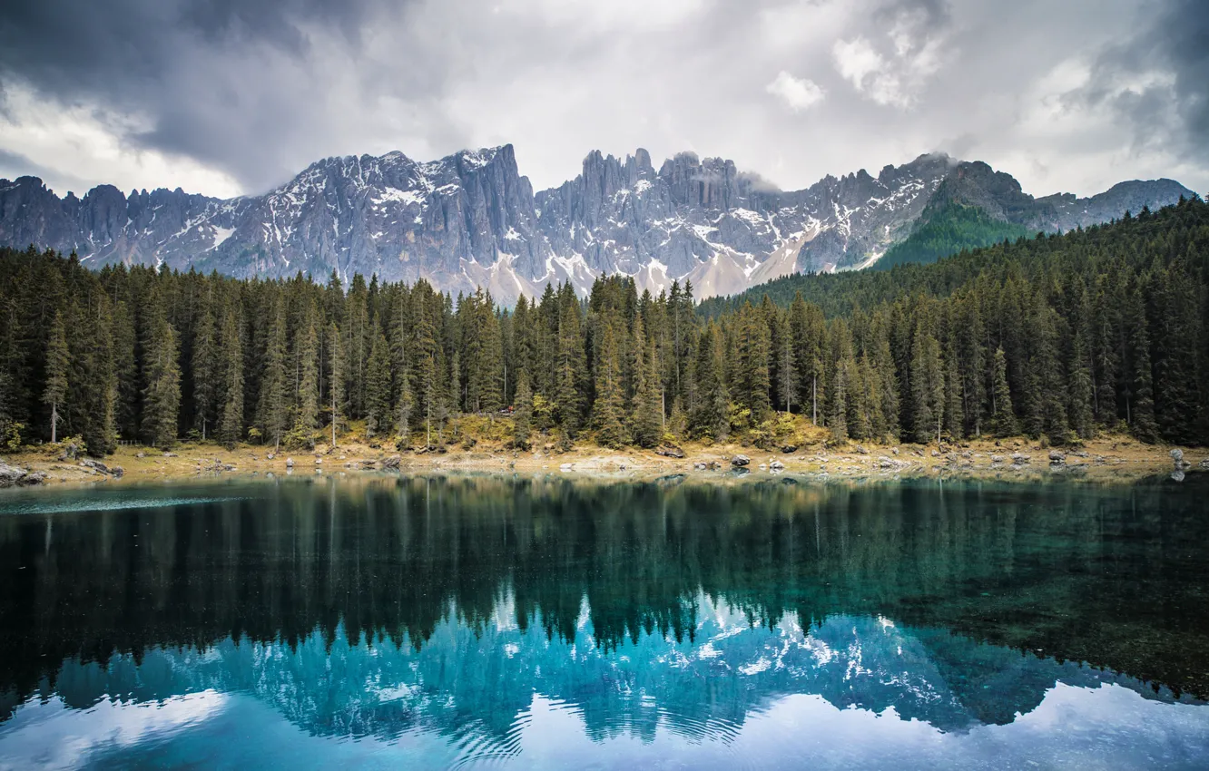 Фото обои лес, горы, озеро, Italy, Bozen, Lake Carezza