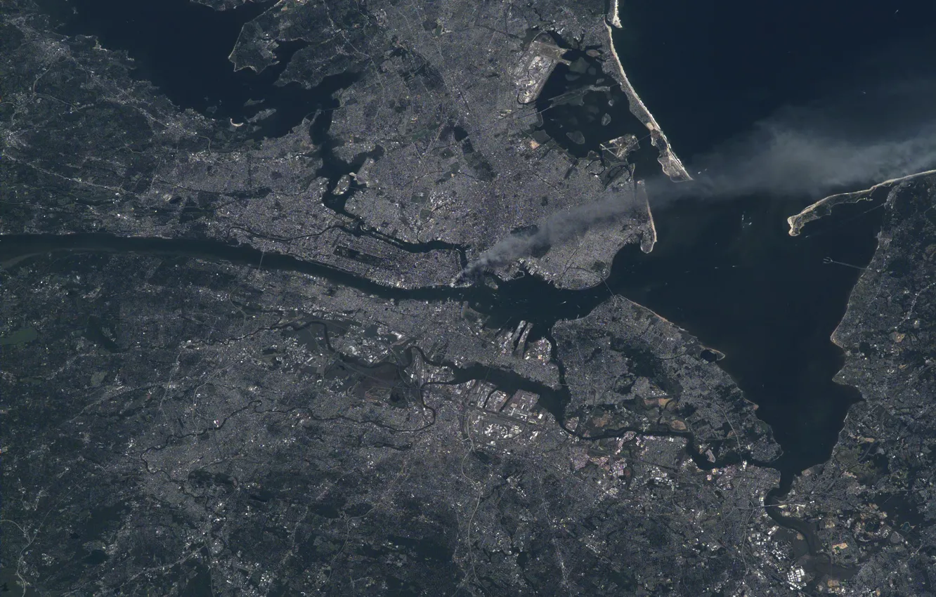 Фото обои дым, Нью-Йорк, Манхеттен, МКС, New York, Manhattan, Торговый центр, 2001.09.11.
