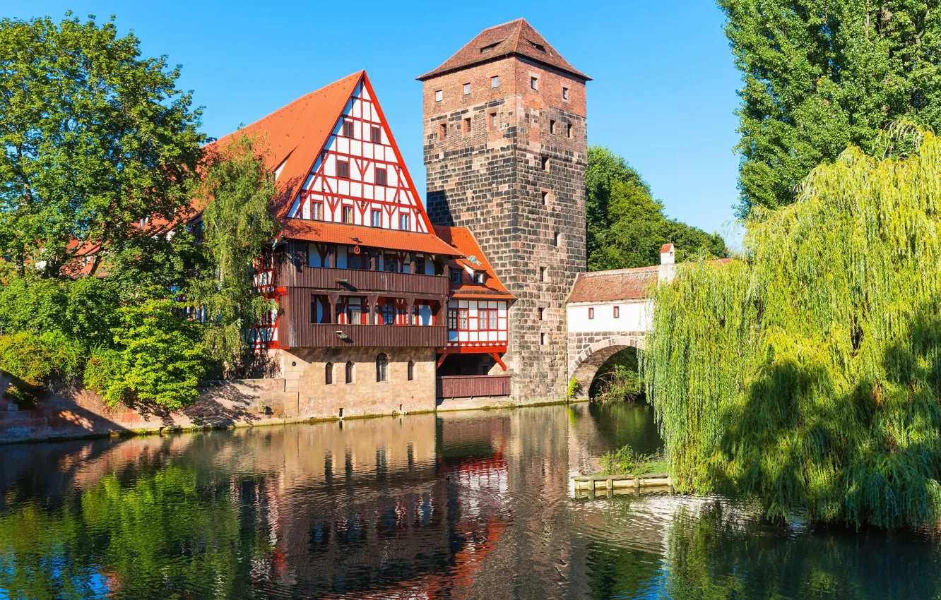 Фото обои мост, здания, Германия, Бавария, набережная, Germany, Bavaria, Henkersteg